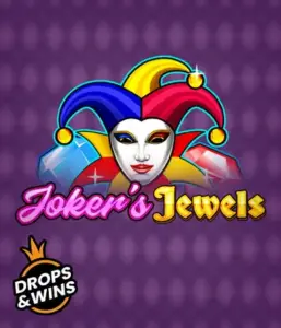 Experience the playful charm of the Joker's Jewels game by Pragmatic Play, highlighting a mesmerizing joker's mask adorned with a brightly colored jester hat. This graphic evokes the joyful spirit of casino gaming, set against a deep purple background. Great for casino game enthusiasts, promising a entertaining play experience. 